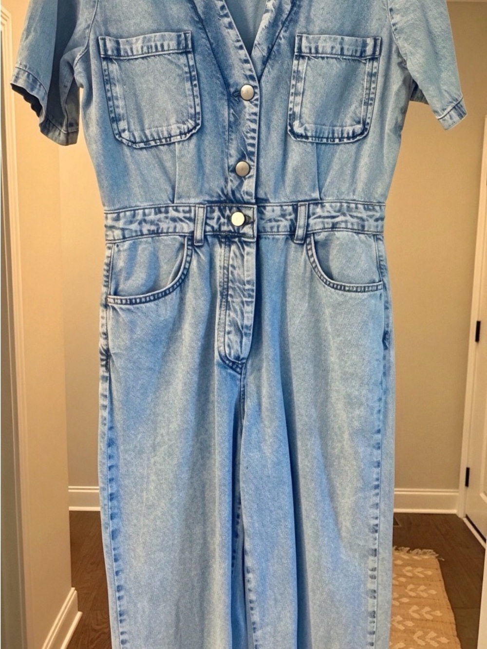 Zara Light-Wash Denim Utility Jumpsuit Short Sleeve Wide Leg Size Medium NWOT